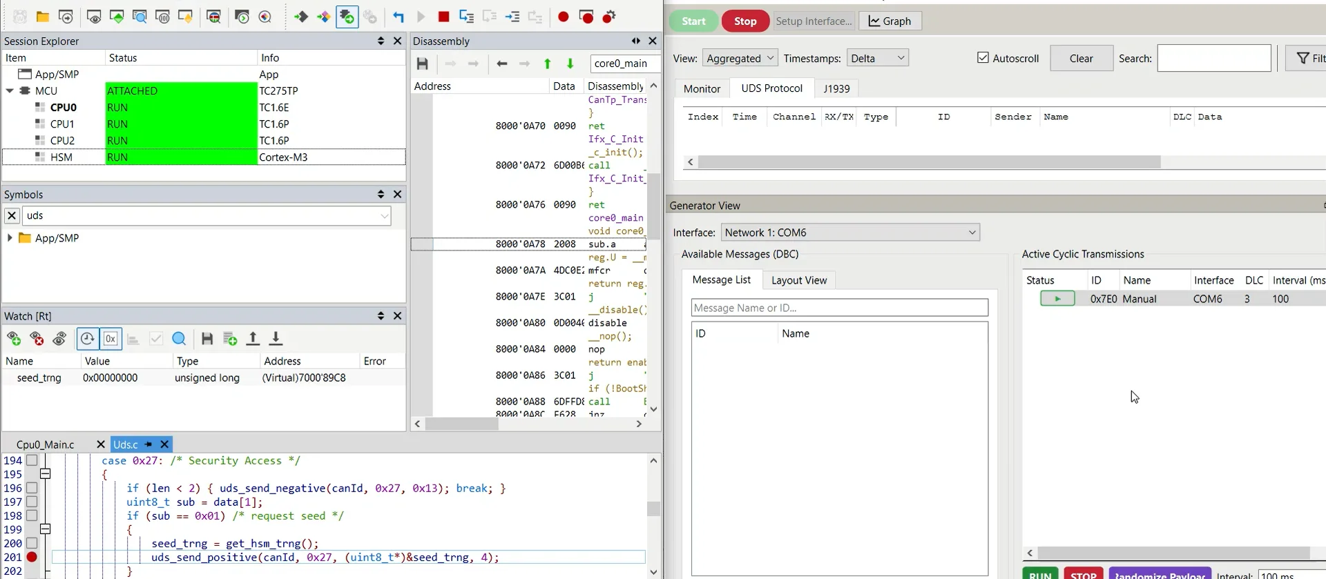 Generating UDS SecurityAccess Seed using TRNG and HSM with Aurix TC275TP